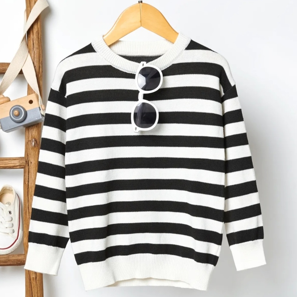 Kid's Classic Black & White Striped Knit Sweater Long Sleeve Crewneck Boys 3-4Y